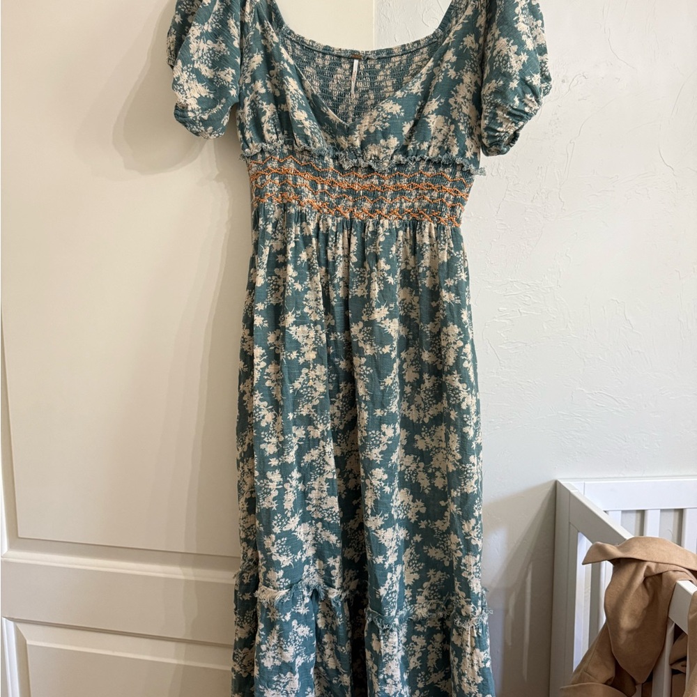 Free People Floral Maxi Dress in Blue and Cream